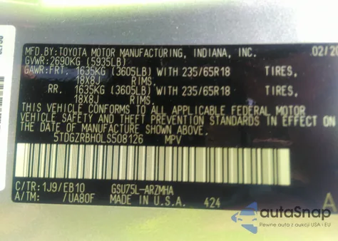 2020 Toyota Highlander Xle из США, поврежденный, VIN 5TDGZRBH0LS508126